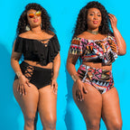 Plus Size Women's Geometric Ruffle High-Waist Bikini Set