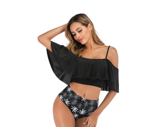 Off-Shoulder Ruffle High-Waist Two-Piece Swimsuit