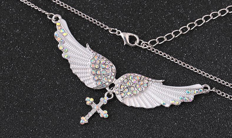 Angel Wings Cross Pendant Necklace with Crystals
