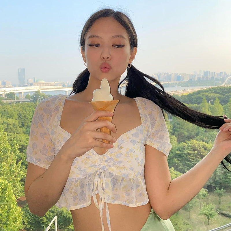 Floral Chiffon Crop Top - Jennie Style High Waist T-Shirt