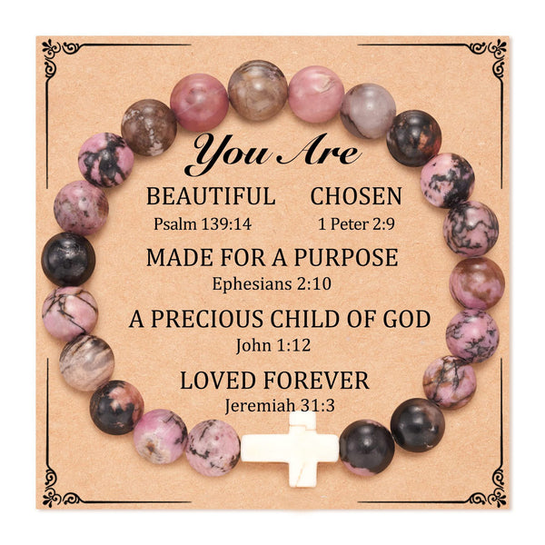 Rhodonite Beaded Cross Bracelet with Faith Message Card