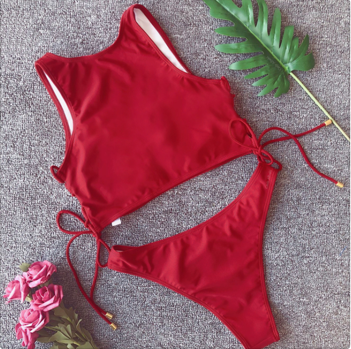 Burgundy Lace-Up High-Neck Bikini Set
