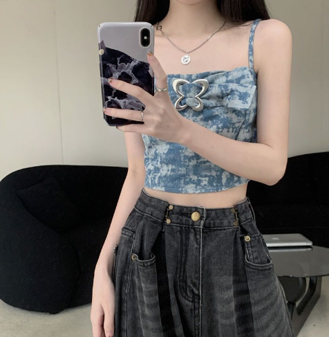 Heart Collar Ruffled Tie-Dye Sequin Tank Top for Women