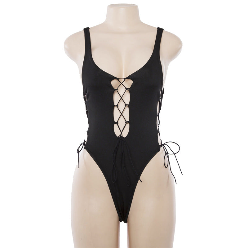 Lace-Up Front High-Cut One-Piece Swimsuit