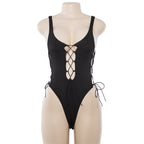 Lace-Up Front High-Cut One-Piece Swimsuit