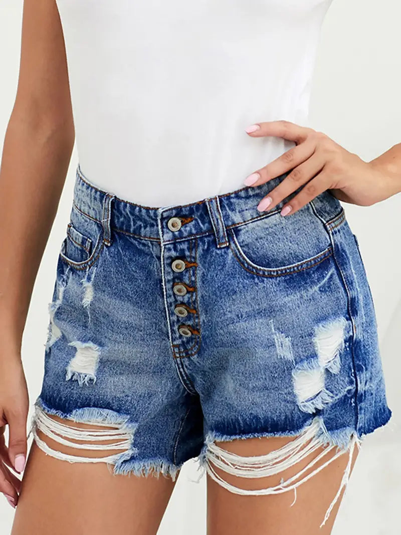 Blue High Rise Distressed Ripped Denim Shorts for Women