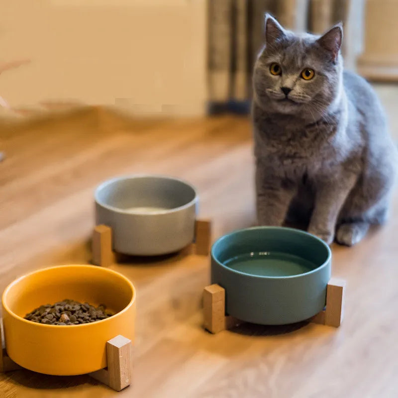 Ceramic Raised Pet Bowl with Wooden Stand, Anti-Slip Elevated Food and Water Dish for Cats and Dogs, Dishwasher Safe