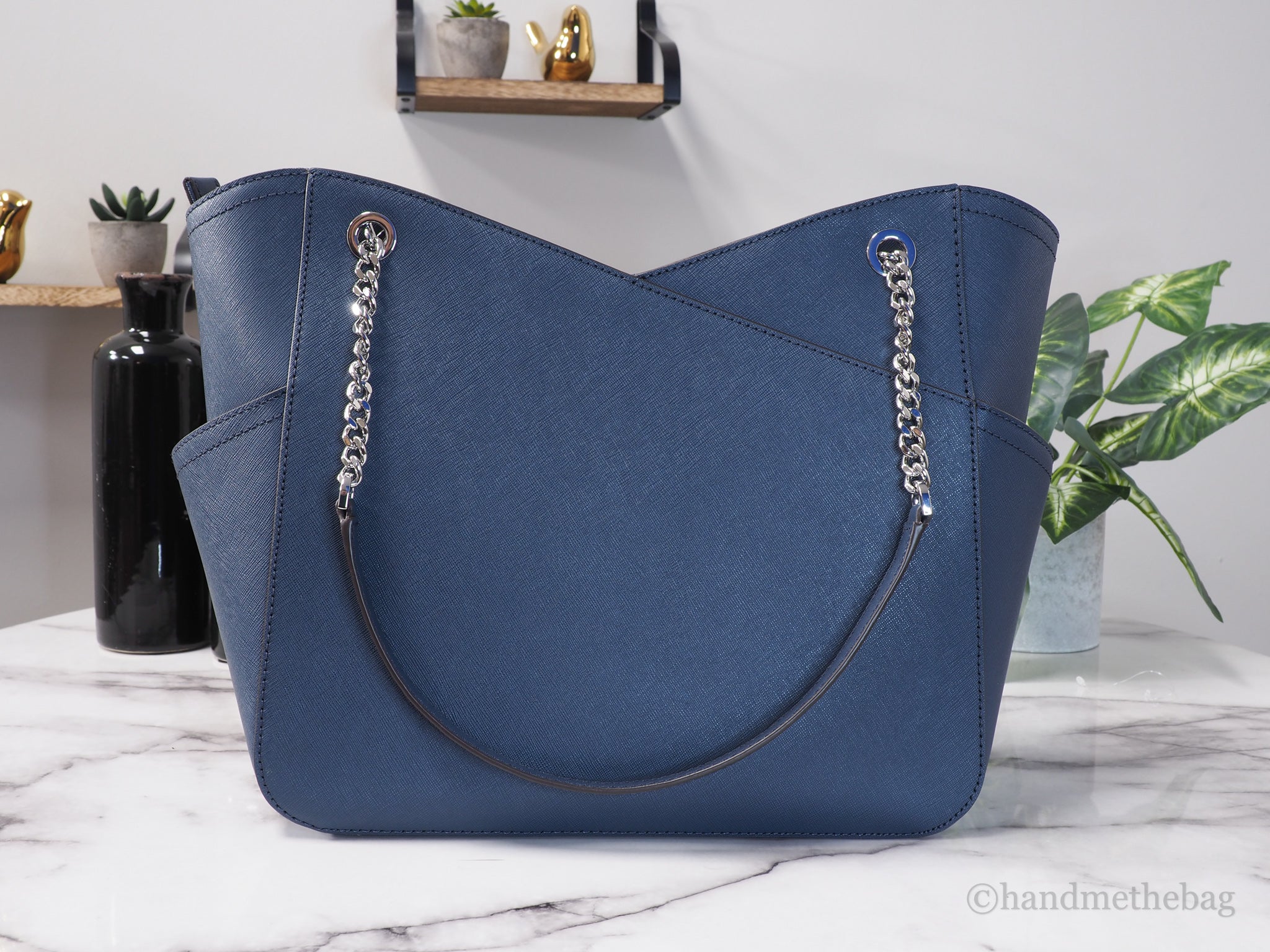 Michael Kors Jet Set Large Navy Saffiano X Cross Chain Shoulder Tote Hand Bag