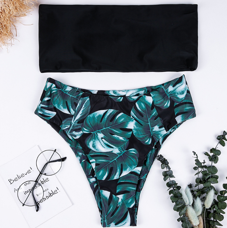 Palm Leaf Print High-Waist Bikini Set