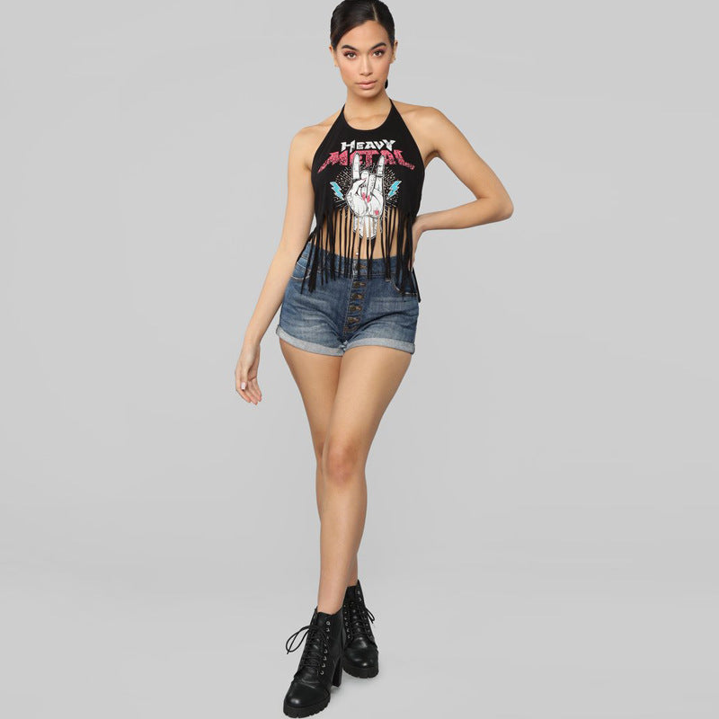 Backless Fringe Print Halter Top - Summer 2019 Trend