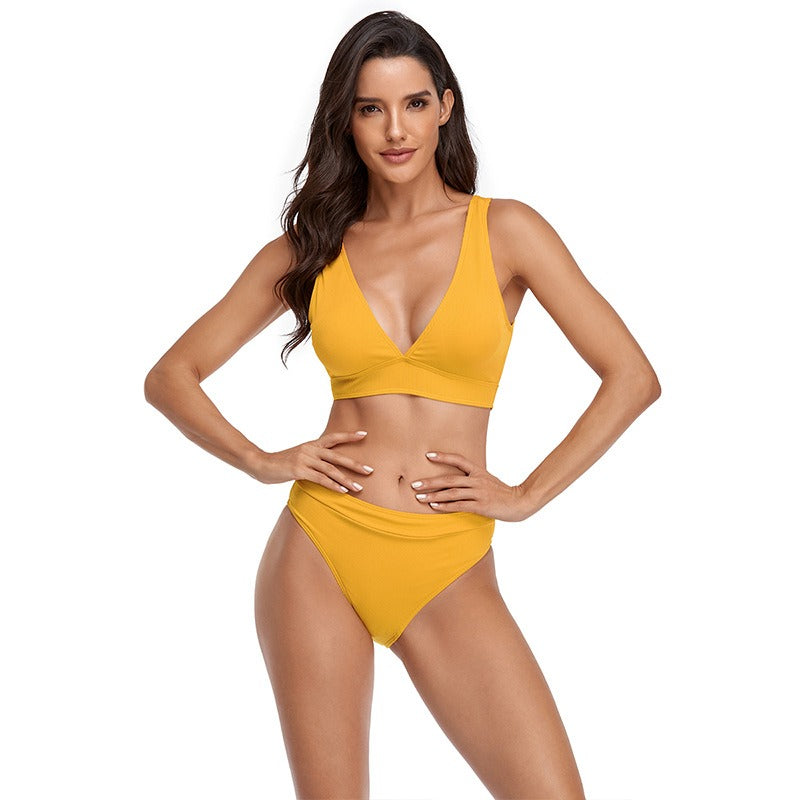 Yellow Ribbed V-Neck Bikini Set