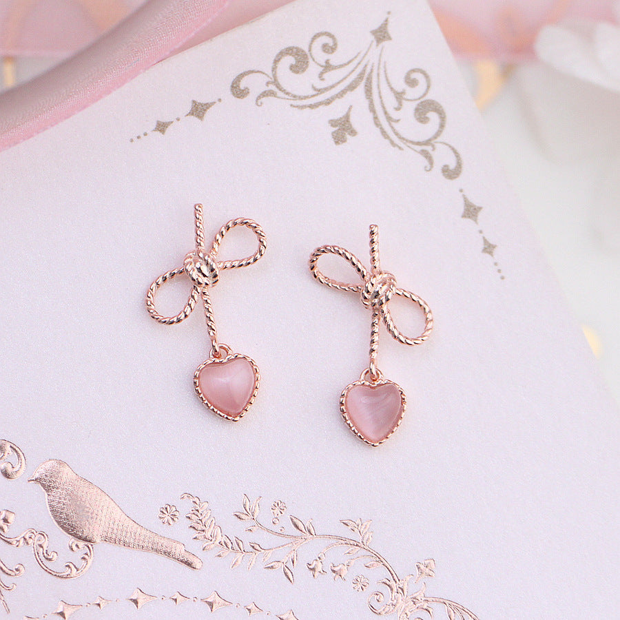 Rose Gold Bow Earrings with Pink Heart Drop