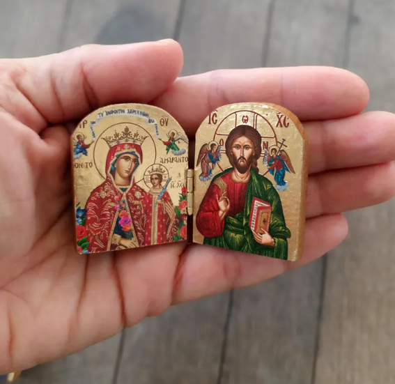 Wooden Christ & Virgin Mary Icon Diptych | Christian Home Decor