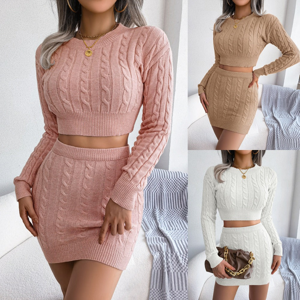 Sexy Cable Knit Two-Piece Set: Crop Top & Slim Skirt