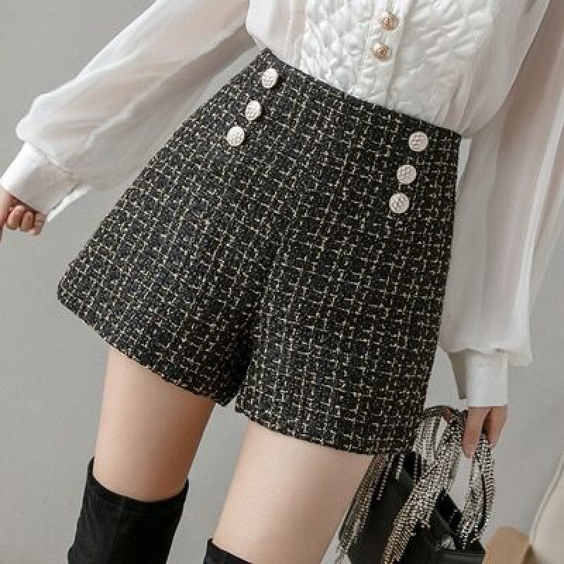 Chic High-Waisted Plaid Double-Breasted Shorts for Women
