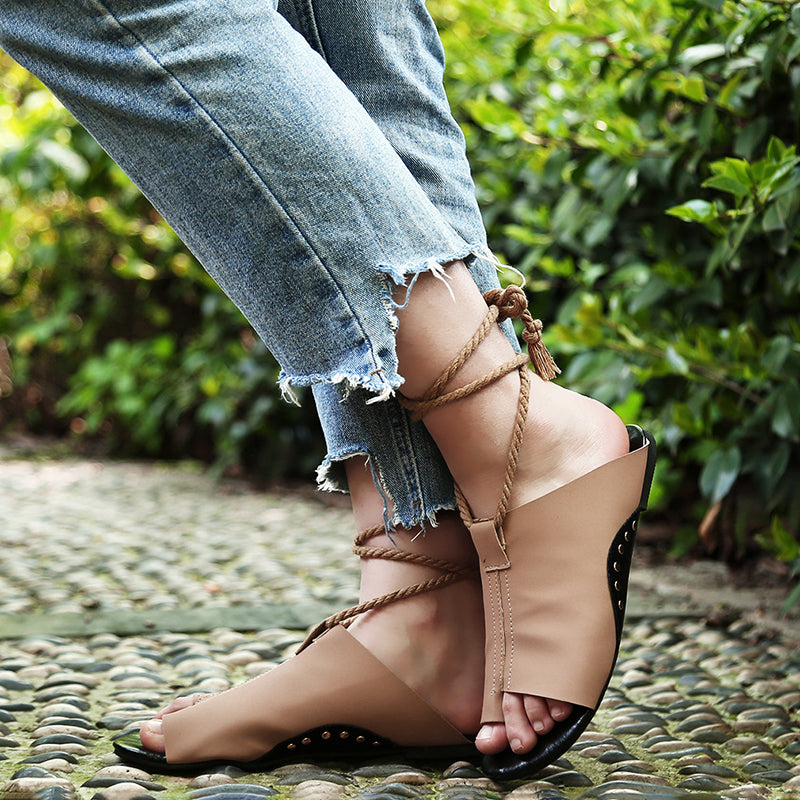 Flat Large Size Sandals with Ankle Tie and Thong Design