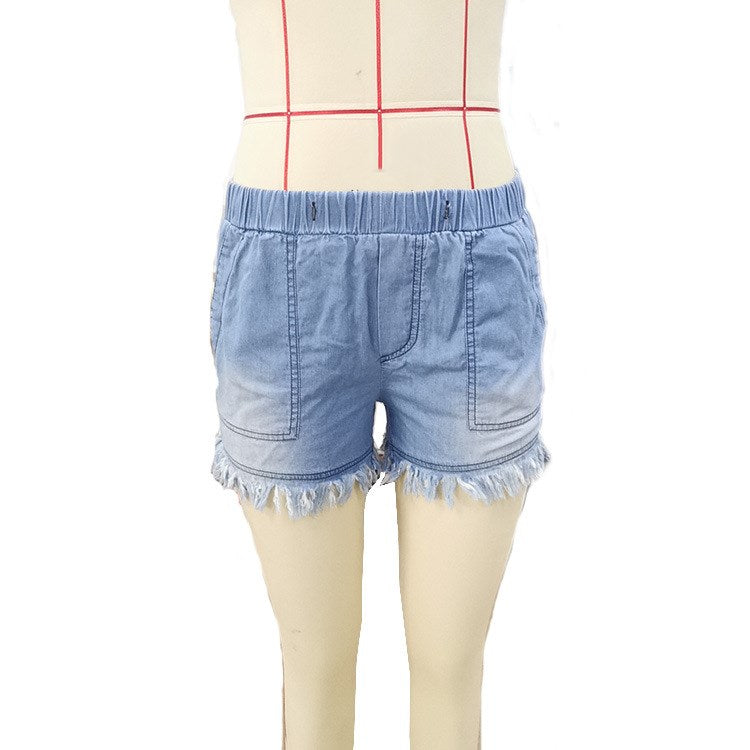 Women's Denim Shorts with Fringe and Elastic Waist