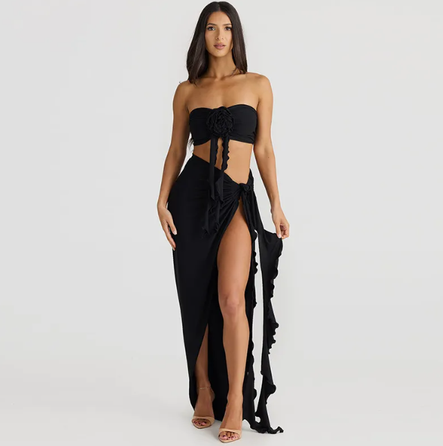 Bandeau Top and Ruffle High-Slit Maxi Skirt Set