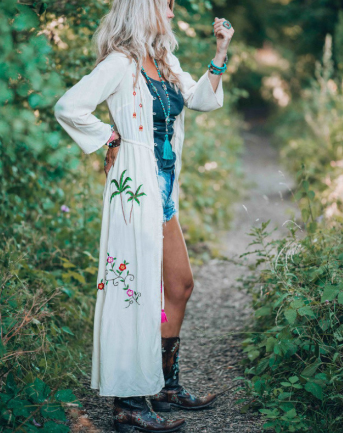 Embroidered Long Sleeve Sun Protection Beach Cover-Up