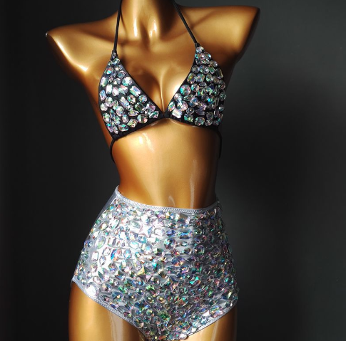Sequin High-Waisted Bikini with Chain