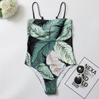 Palm Leaf Print Strapless One-Piece Swimsuit