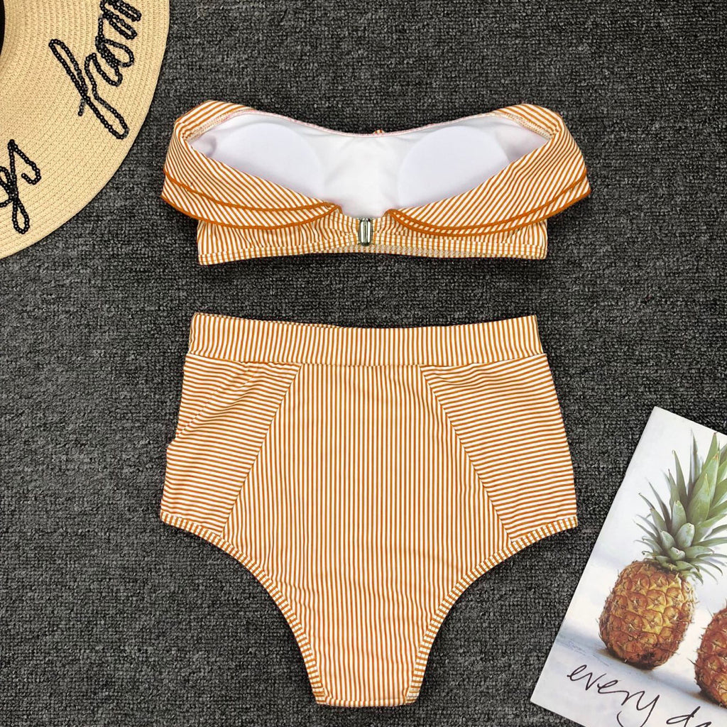 Women's Striped Ruffle High-Waist Bikini Set