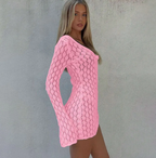 Knit Long-Sleeve V-Neck Beach Cover-Up Dress