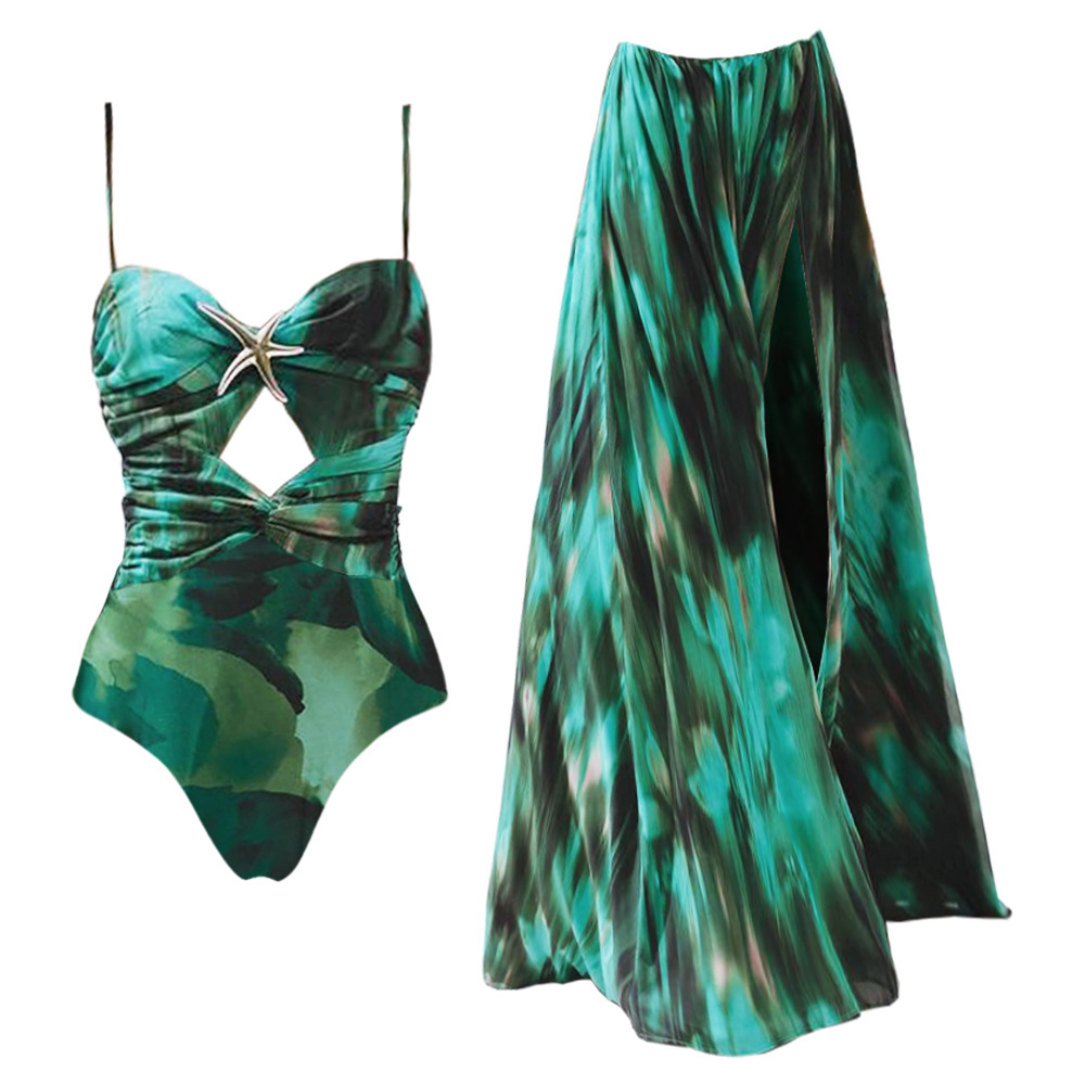 Green Tie-Dye Beach Cover-Up Skirt and Swimsuit Set