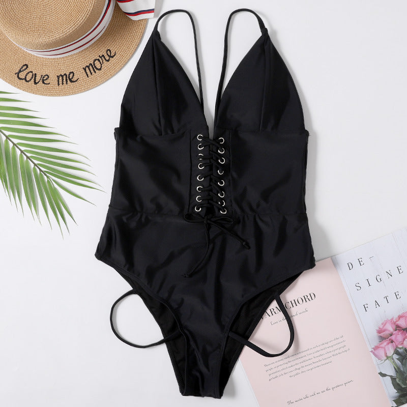 Black Lace-Up Plunge One-Piece Swimsuit