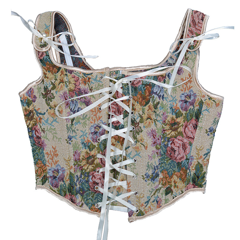 Floral Tapestry Lace-Up Corset Top