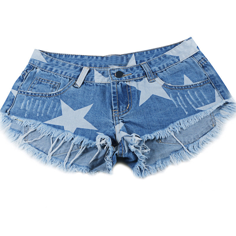 Star Print Fringe Denim Shorts for Women
