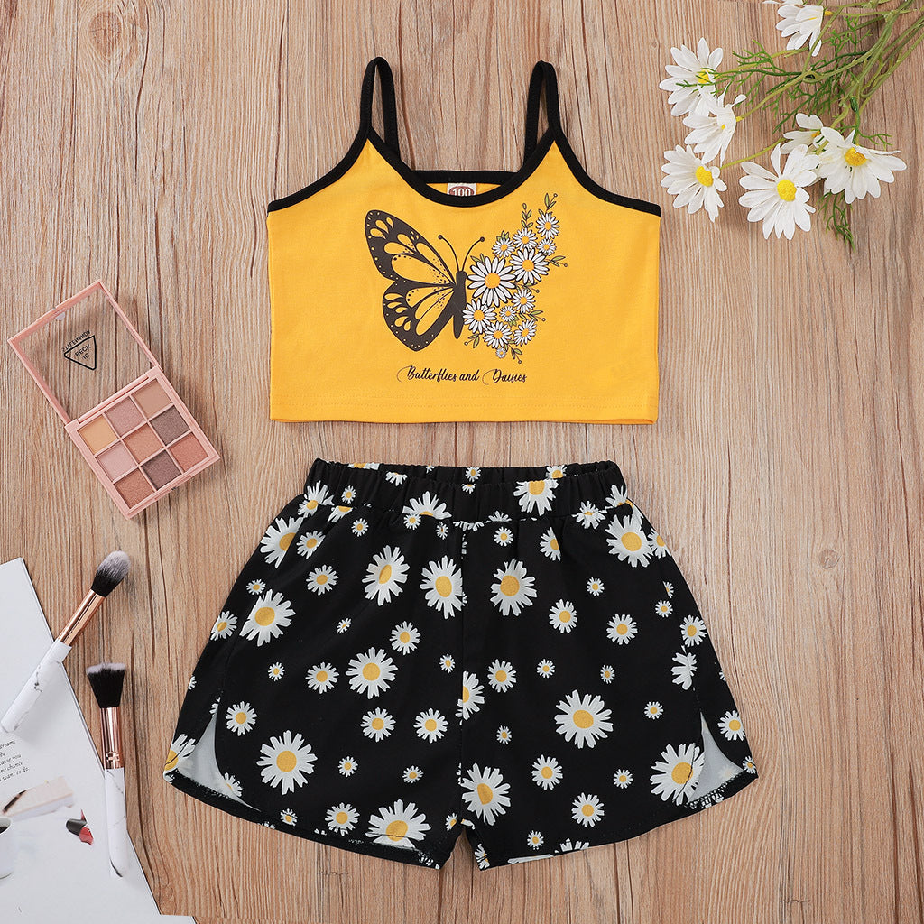 Girls' Spring Summer Butterfly Print Vest & Daisy Shorts