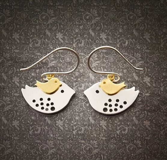 Baby Bird and Mom Bird Dangle Earrings