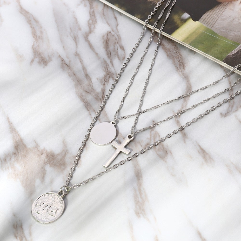 Layered Cross and Coin Pendant Necklace for Women