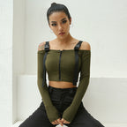 One-Shoulder Long Sleeve Cropped Top