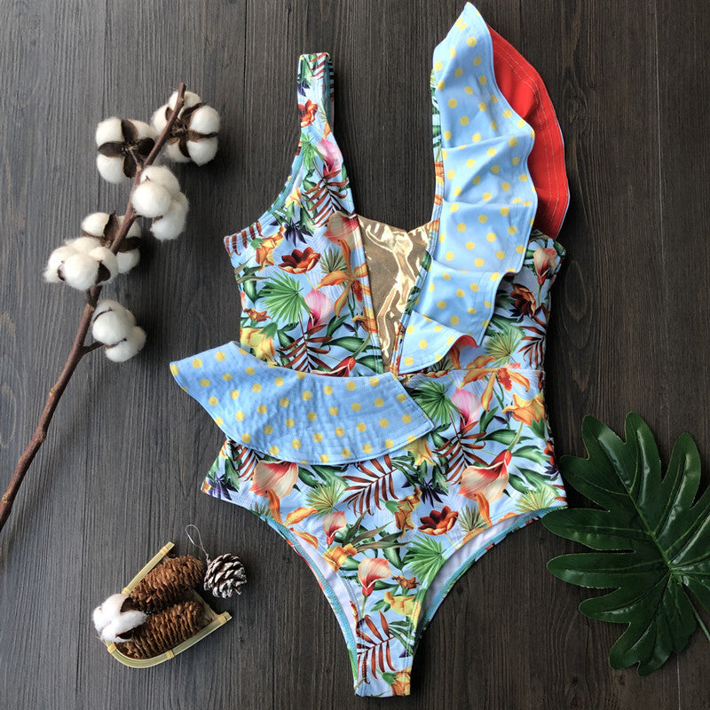 Tropical Print Ruffle One-Piece Swimsuit