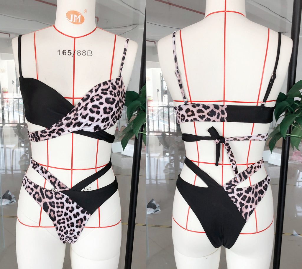 Leopard Color Block Wrap Bikini Set