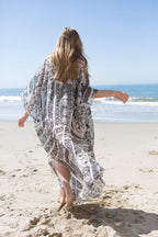 Damask Print Sheer Chiffon Kaftan Beach Cover-Up