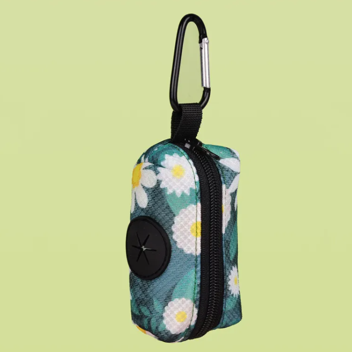 Dog Poop Bag Dispenser Pouch Clip-On Leash Holder with Carabiner Zippered Waste Bag Case Floral Print for Walks and Travel
