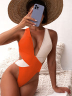 Color Block Deep V One-Piece Swimsuit