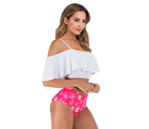 Off-Shoulder Ruffle High-Waist Two-Piece Swimsuit