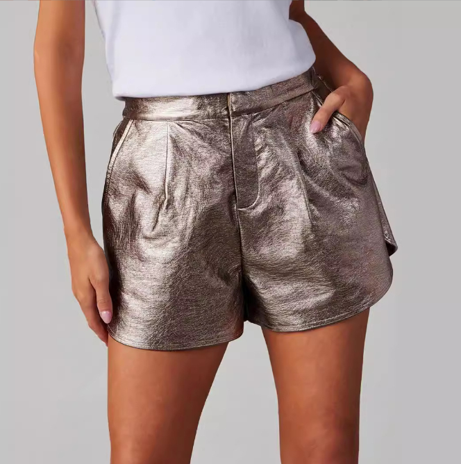 WOLFF Women's Faux Leather Shorts with Pockets (One Piece)