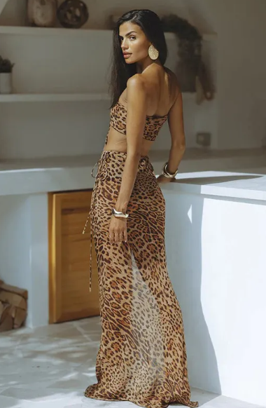 Sexy Leopard Print Two-Piece Tube Top & Midi Skirt Set for Women