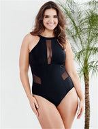 Plus Size Mesh Panel High-Neck One-Piece Swimsuit