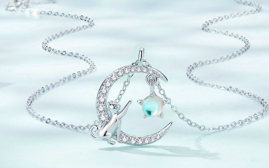 Silver Cat on Crescent Moon Pendant Necklace