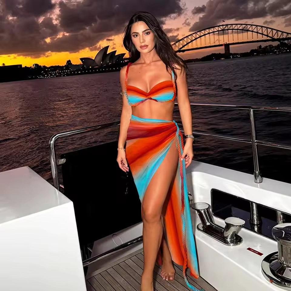 Ombre Pink Orange Bikini Set with Wrap Sarong