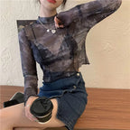 Korean Y2K Women's Tie-Dye Mesh Long Sleeve Crop Top