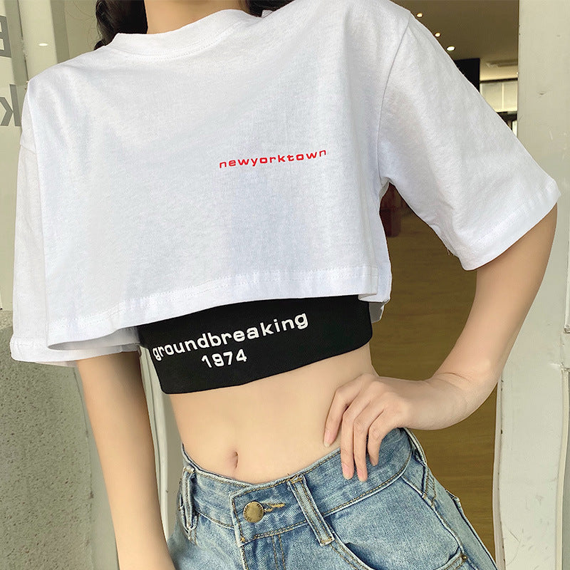 Korean Letter Print Crop Tee & Bandeau Set