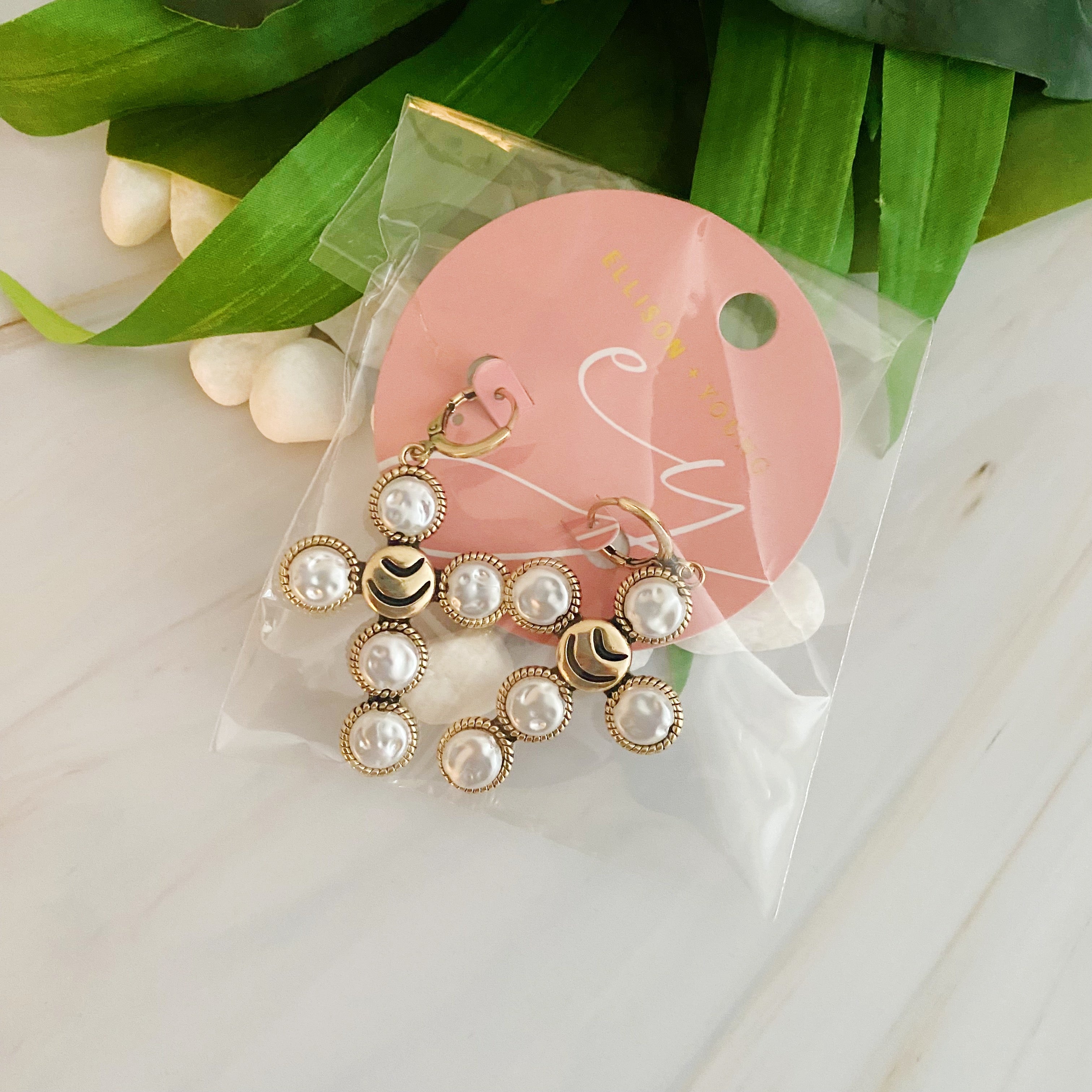 Pearl Cross Drop Earrings