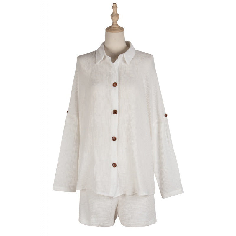 European Women’s Casual Outfit: Long Sleeve Shirt & Shorts